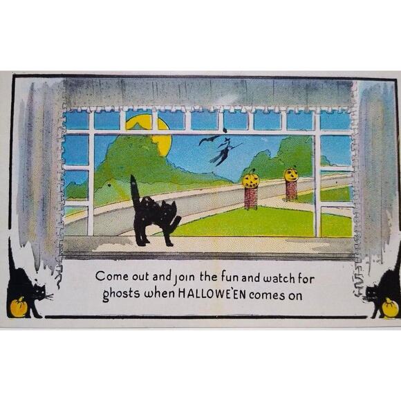 Halloween Postcard Fantasy Witch On Broom Bat Moon Black Cats Metropolitan 412 - Picture 2 of 3